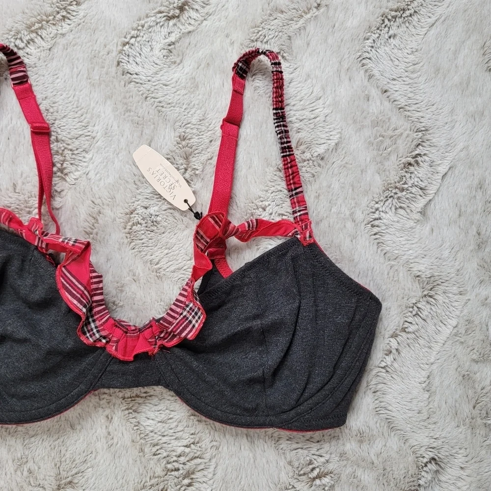 Victoria's Secret Gray Red Plaid Trim Bells Accent Unlined Demi Bra NWT Size 36D